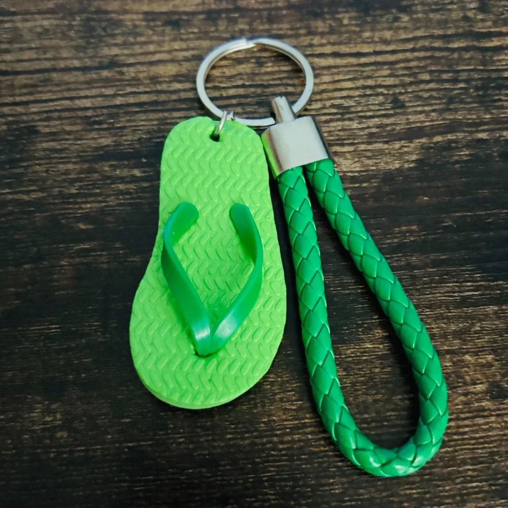 Green Flip Flop Keychain Braided Wristlet Strap Summer Beach Bag Charm Accessory
